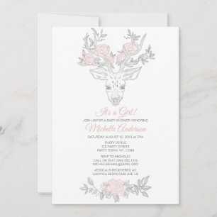 Invitation Fête de Bébé Fille Florale Cerf Bois Rose Gris