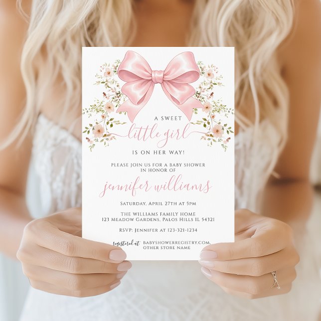 Invitation Fête de bébé fille florale ruban rose (Créateur téléchargé)