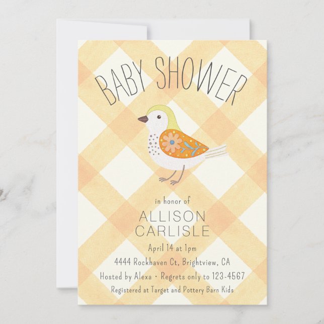 Invitation Fête de bébé Fille Gingham Floral Oiseau 010 (Devant)