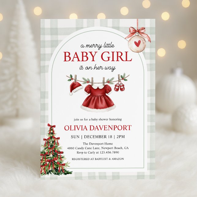 Invitation Fête de Bébé Fille Gingham Noël Mignonne (Créateur téléchargé)