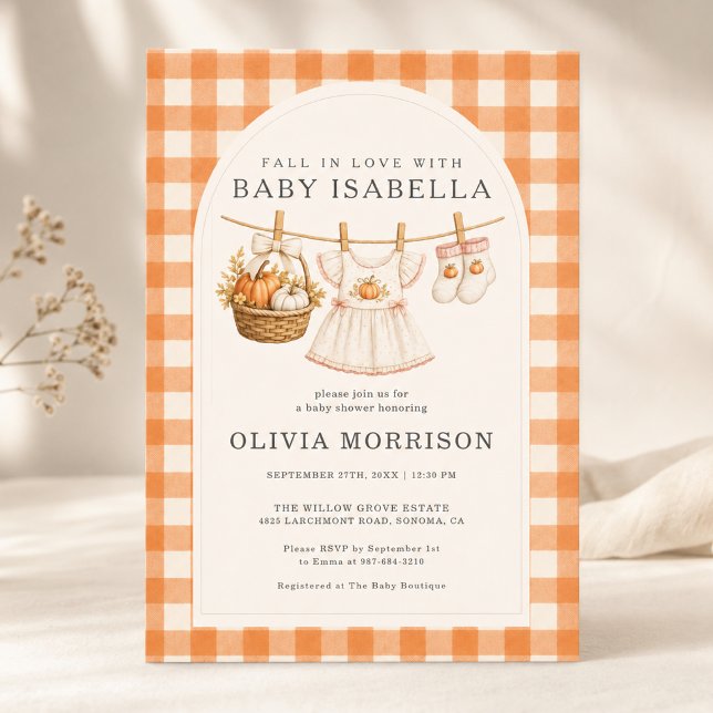 Invitation Fête de Bébé Fille Gingham Vêtements à Liner Tombe (Créateur téléchargé)