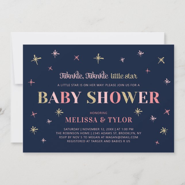 Invitation Fête de Bébé Fille Gold Twinkle Twinkle Little Sta (Devant)