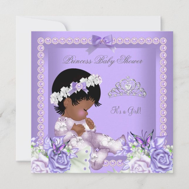 Invitation Fête de Bébé Fille Gris Perle Lilas Lavande (Devant)