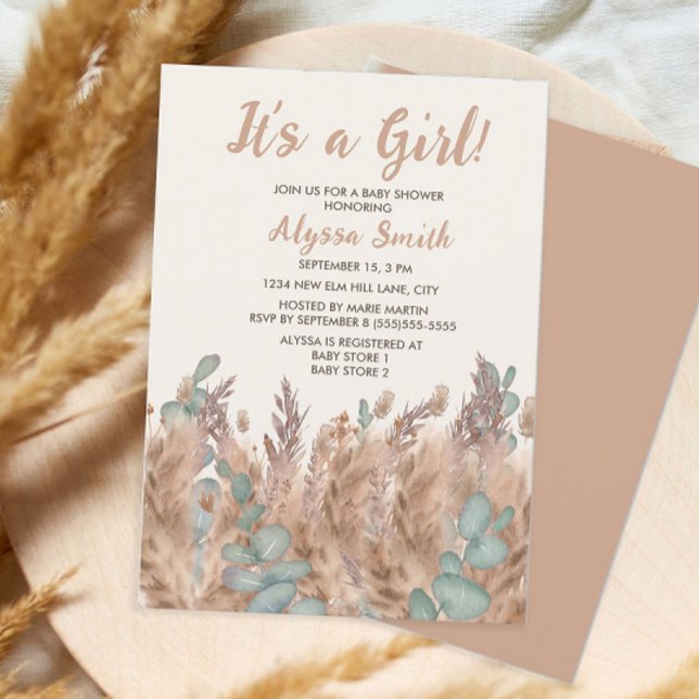 Invitation Fête de bébé Fille Herbe des Pampas Bohème Désert (Créateur téléchargé)