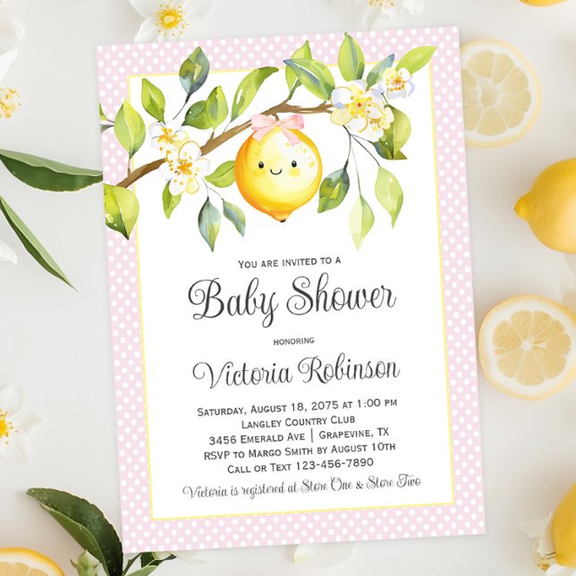 Invitation Fête de Bébé Fille Jaune Citron Rose (Cute pink and yellow baby girl lemon baby shower invitation. Simply add your event details.)