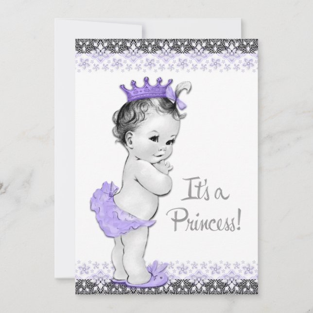 Invitation Fête de Bébé Fille Lavande Violet et Gris (Devant)