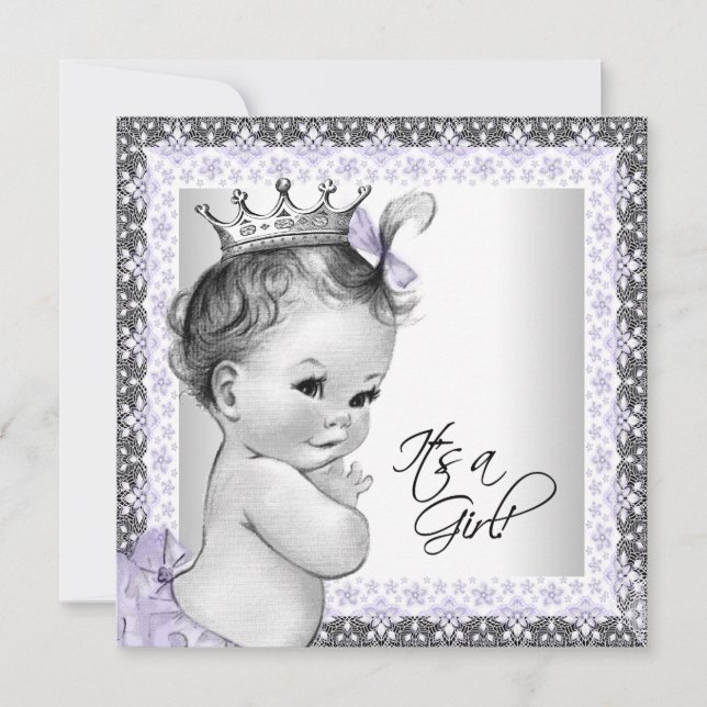 Invitation Fête de Bébé Fille Lavande Violet et Gris (Devant)
