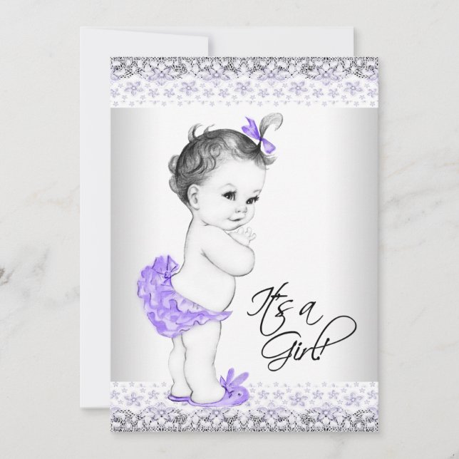 Invitation Fête de bébé fille lavande violet et gris (Devant)