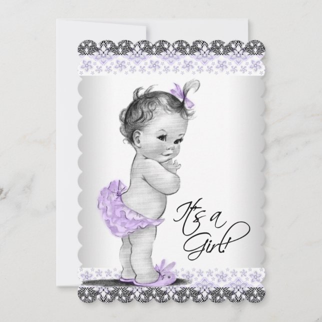 Invitation Fête de bébé fille lavande violet et gris (Devant)