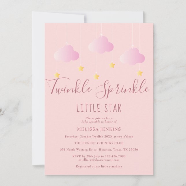 Invitation Fête de Bébé Fille Little Star Rose Sprinkle (Devant)