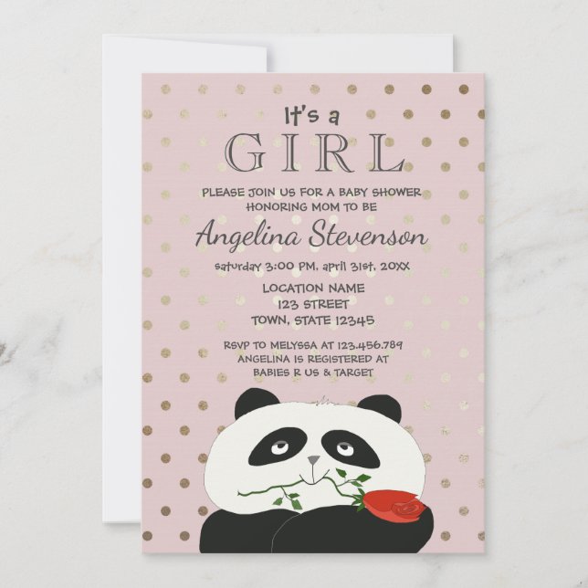 Invitation Fête de Bébé Fille Mignon Panda Rose (Devant)