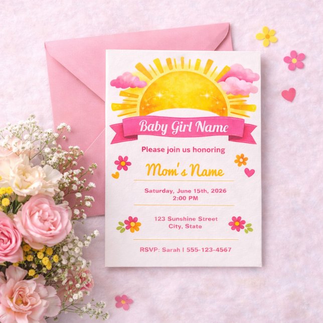 Invitation Fête de Bébé Fille Nuages Rose Coquette (Créateur téléchargé)
