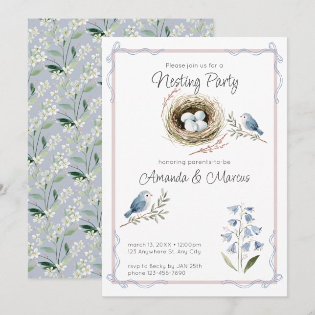 Invitation Fête de Bébé Fille ou Garçon Thème Nid d'Oiseau à  (Devant / Derrière)