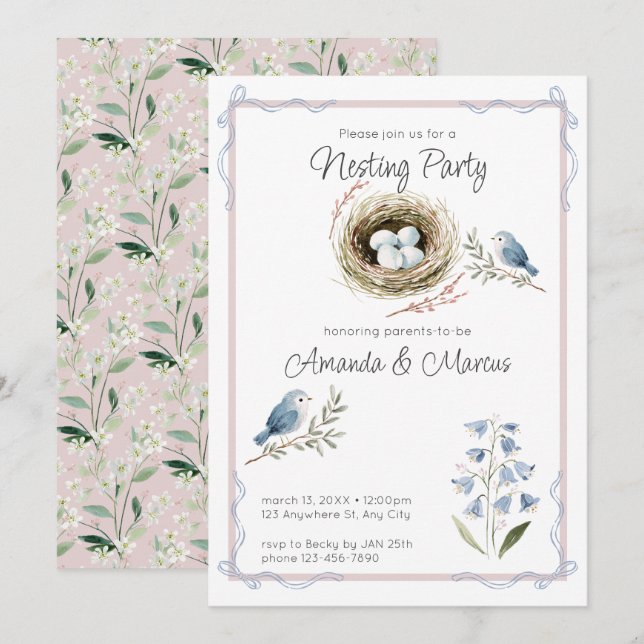 Invitation Fête de Bébé Fille ou Garçon Thème Nid d'Oiseau à  (Devant / Derrière)