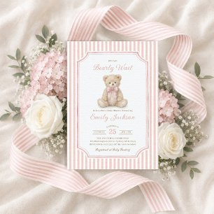 Invitation Fête de Bébé Fille Ours en Peluche Rayures Rose Te