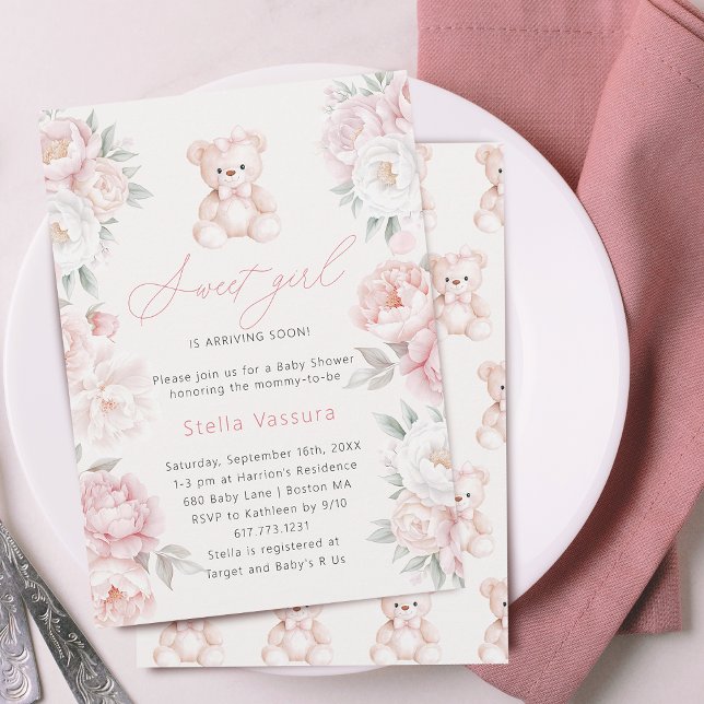 Invitation Fête de bébé fille ours en peluche rose fleurs (Teddy Bear Pink Flowers Girl Baby Shower Invitation)