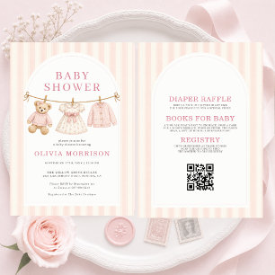 Invitation Fête de Bébé Fille Ours Préppy Rose Tout en Un