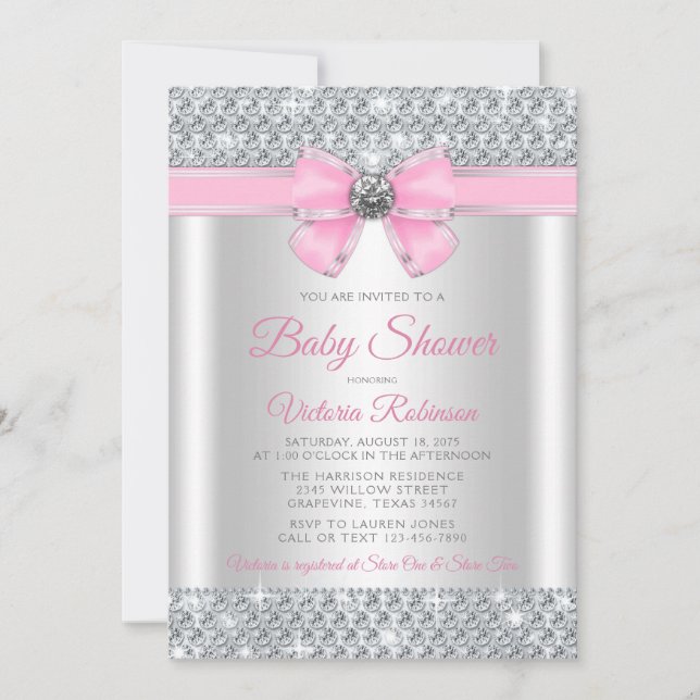 Invitation Fête de bébé fille pailletée argent rose (Devant)