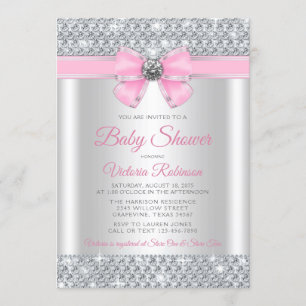 Invitation Fête de bébé fille pailletée argent rose