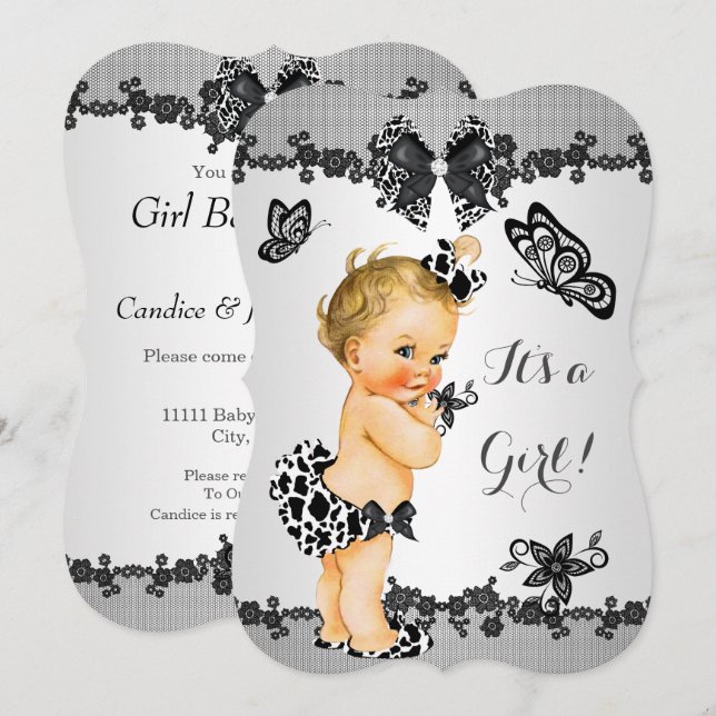 Invitation Fête de bébé fille Papillon Noir Blanc Blonde (Devant / Derrière)