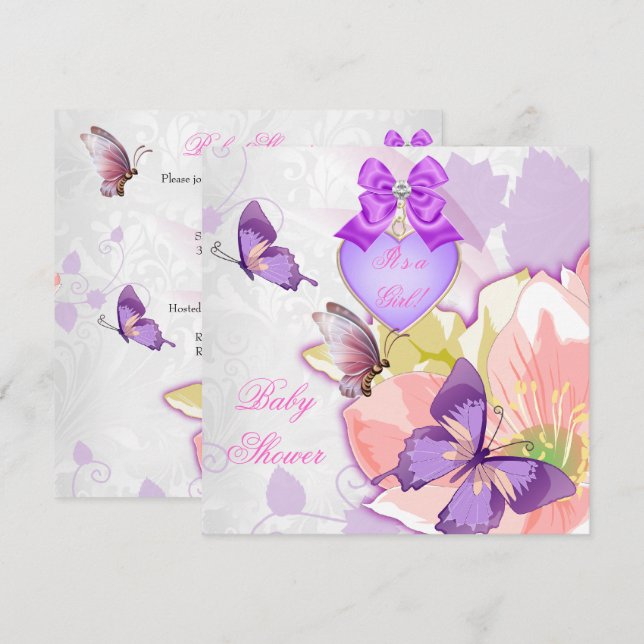 Invitation Fête de bébé fille Papillon rose Fleur violet 2 (Devant / Derrière)