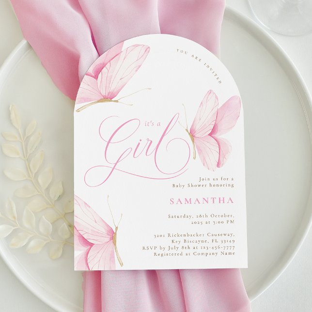 Invitation Fête de Bébé Fille Papillons Rose en Arche (Créateur téléchargé)