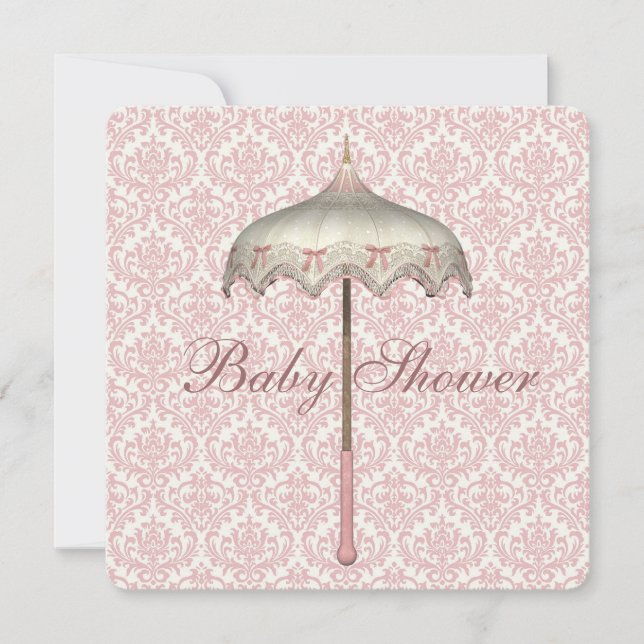 Invitation Fête de Bébé Fille Parapluie Rose Rétro (Devant)