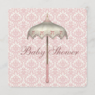 Invitation Fête de Bébé Fille Parapluie Rose Rétro