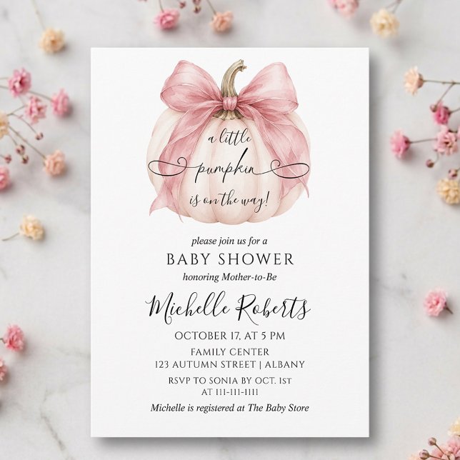 Invitation Fête de Bébé Fille Petite Citrouille Rose Coquette (Créateur téléchargé)