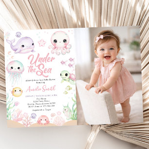 Invitation Fête de Bébé Fille Photo Animaux Océaniques Sous L
