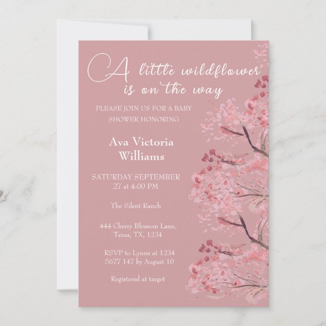 Invitation Fête de Bébé Fille Poussiéreuse Rose Fleur de Ceri (Devant)