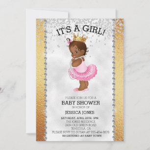 Invitation Fête de Bébé Fille Princesse Afro-Américaine Or Di