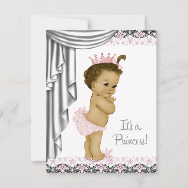 Invitation Fête de bébé fille princesse rose et grise (Devant)