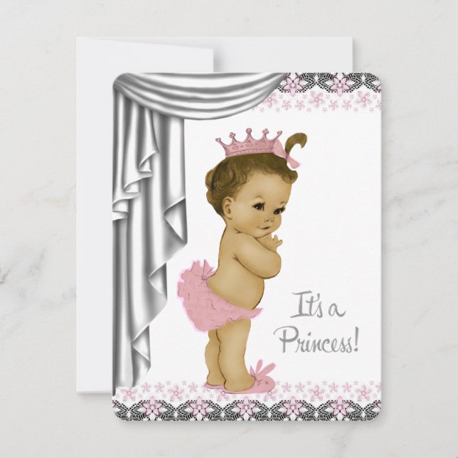 Invitation Fête de bébé fille princesse rose et grise (Devant)