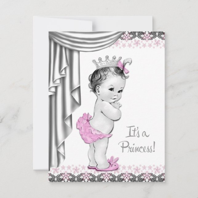 Invitation Fête de bébé fille princesse rose et grise (Devant)