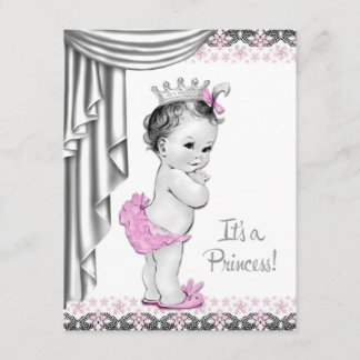 Invitation Fête de bébé fille princesse rose et grise