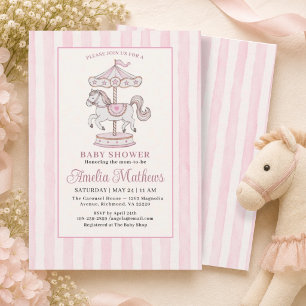 Invitation Fête de Bébé Fille Rayures Aquarelle Rose Tendress