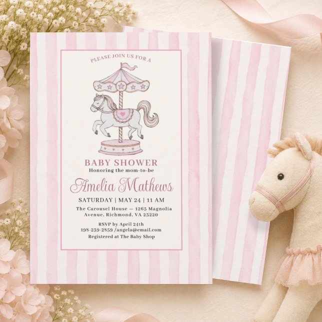 Invitation Fête de Bébé Fille Rayures Aquarelle Rose Tendress (Créateur téléchargé)