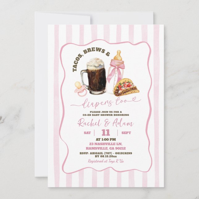Invitation Fête de Bébé Fille Rayures Roses Tacos Bières Couc (Devant)