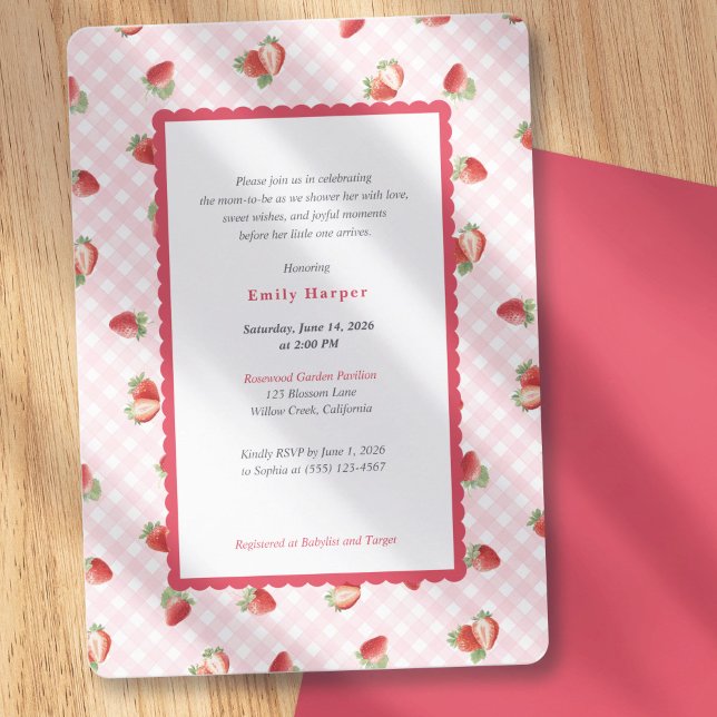 Invitation Fête de Bébé Fille Rose à Carreaux de Fraisier (Spring Fruits Themed Baby Shower, Strawberry Pink Gingham-Baby Girl Shower Invitations)