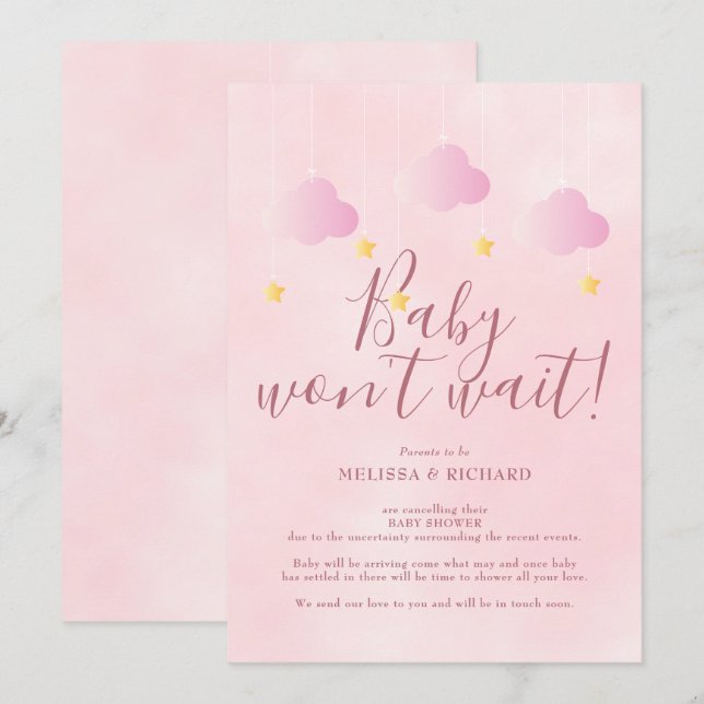 Invitation Fête de bébé fille rose bébé arrive à l'improviste (Devant / Derrière)