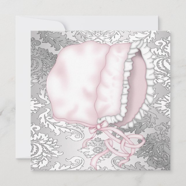 Invitation Fête de bébé fille rose bébé bonnet en damassé (Devant)