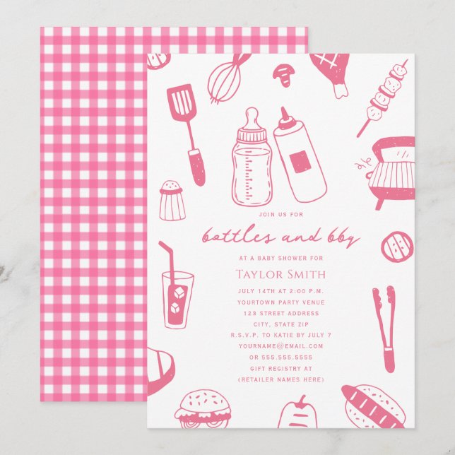 Invitation Fête de Bébé Fille Rose Bouteilles & BBQ (Devant / Derrière)