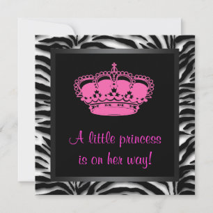 Invitation Fête de Bébé Fille Rose Chaud Zèbre Couronne Princ