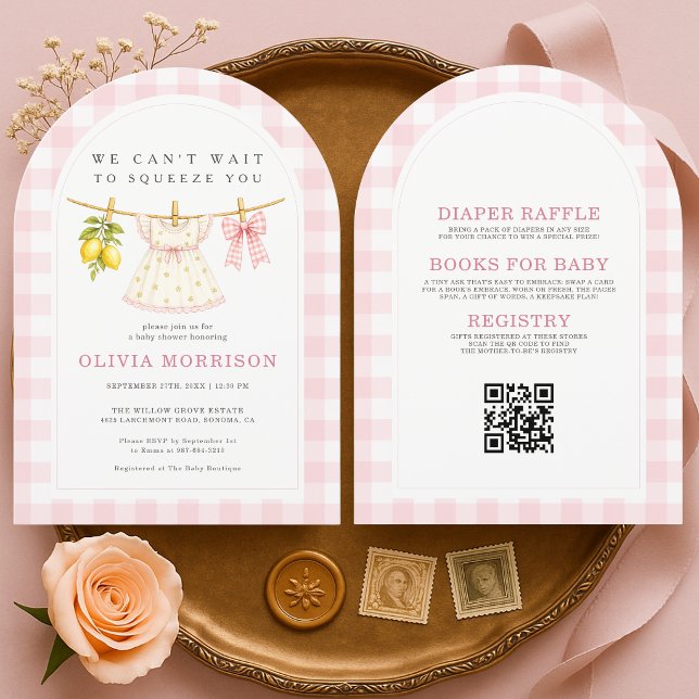 Invitation Fête de bébé Fille Rose Corde à Linge Citron (Créateur téléchargé)