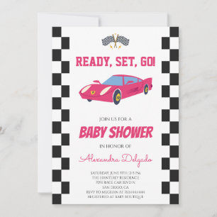 Invitation Fête de Bébé Fille Rose Damier Voiture de Course