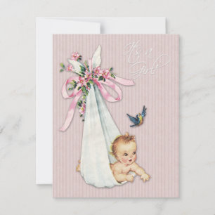Invitation Fête de Bébé Fille Rose Douce Vintage