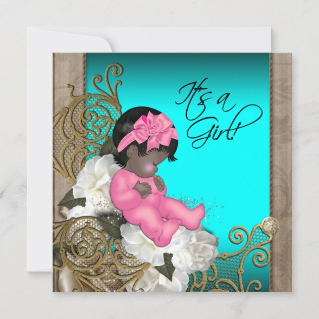 Invitation Fête de bébé fille rose et bleu sarcelle (Devant)