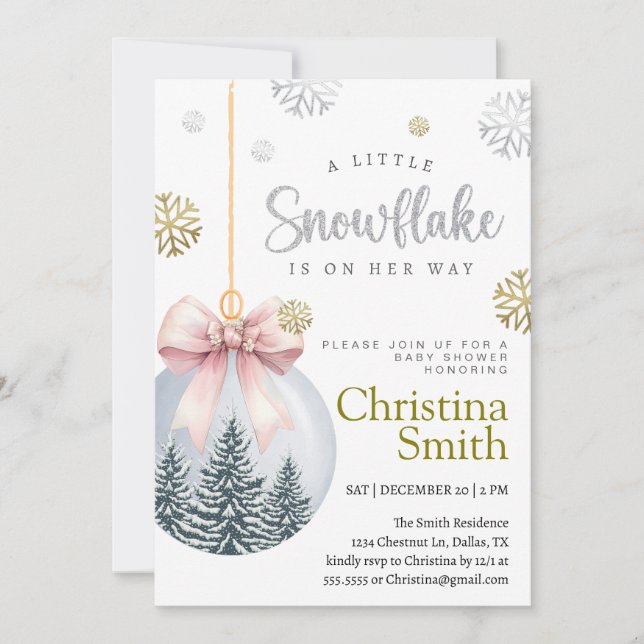 Invitation Fête de bébé fille Rose Flocon de neige Hiver Merv (Devant)