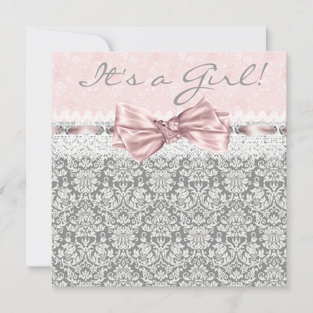Invitation Fête de bébé fille rose gris damassé (Devant)